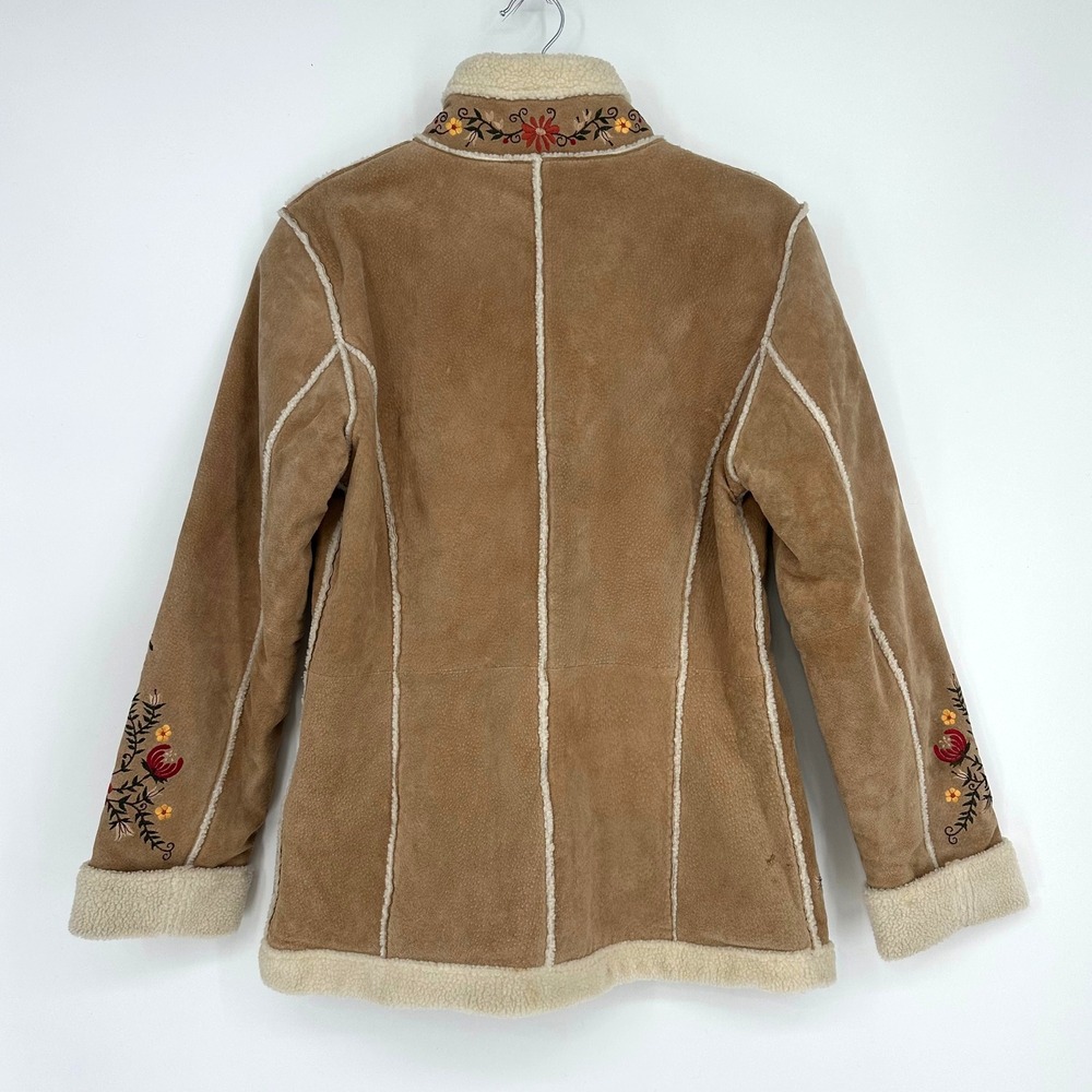 St. John's Bay Tan Suede Embroidered Toggle Coat with Cream Shearling Trim - Picture 4 of 17